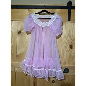Vintage 60s Pink Sheer Peignoir Robe Lace Bridal Boudoir Lisette Small Cover Up